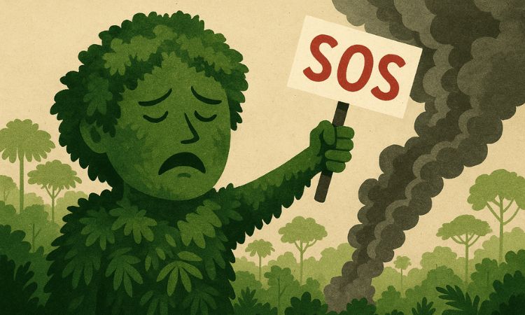 Ilustração da Amazônia pedindo socorro contra o desmatamento da Amazônia